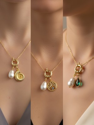 NKT Collection Zümrüt Yeşili Damla Hayat Ağacı Deniz Kabuğu Incili Kolye