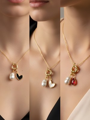 NKT Collection Kırmızı Damla Siyah Kalp Beyaz Kalp Incili Kolye