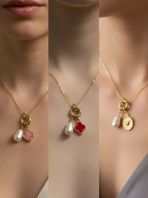 NKT Collection Kabartma Kalp Kırmızı Yonca Pembe Yonca Incili Kolye