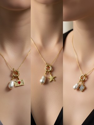 NKT Collection Siyah Yonca Deniz Yıldızı Ay Güneş Incili Kolye