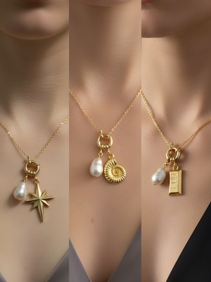 NKT Collection Deniz Kabuğu Külçe Altın Kalpli Zarf Incili Kolye