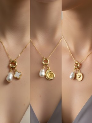 NKT Collection Kabartma Kalp Deniz Kabuğu Beyaz Yonca Incili Kolye