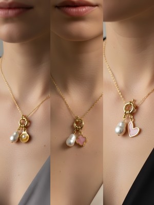 NKT Collection Pembe Kalp Pembe Yonca Kutup Yıldızı Incili Kolye