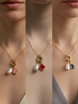 NKT Collection Turkuaz Damla Kırmızı Yonca Pembe Yonca Incili Kolye