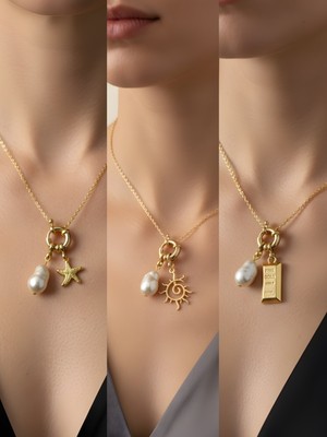 NKT Collection Güneş Külçe Altın Deniz Yıldızı Incili Kolye