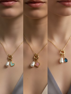 NKT Collection Turkuaz Damla Pembe Yonca Turkuaz Kalp Incili Kolye