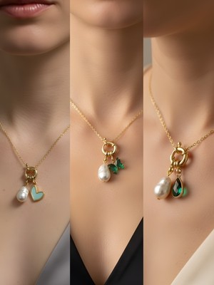 NKT Collection Zümrüt Yeşili Kelebek Zümrüt Yeşili Damla Turkuaz Kalp Incili Kolye