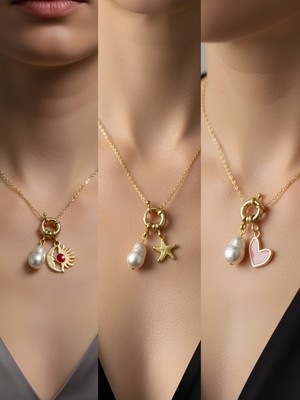 NKT Collection Pembe Kalp Deniz Yıldızı Turkuaz Kalp Incili Kolye