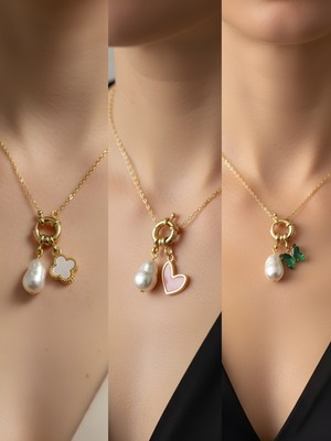 NKT Collection Zümrüt Yeşili Kelebek Deniz Kabuğu Siyah Kalp Incili Kolye