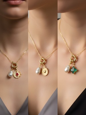 NKT Collection Zümrüt Yeşili Yıldız Kabartma Kalp Ay Güneş Incili Kolye