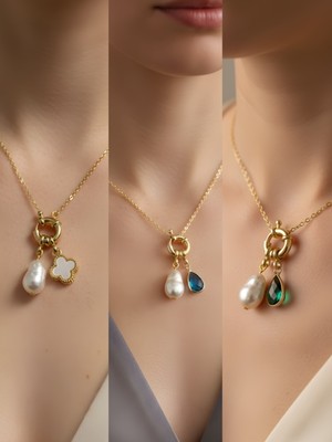 NKT Collection Zümrüt Yeşili Damla Turkuaz Damla Beyaz Yonca Incili Kolye