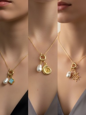 NKT Collection Güneş Deniz Kabuğu Turkuaz Yonca Incili Kolye