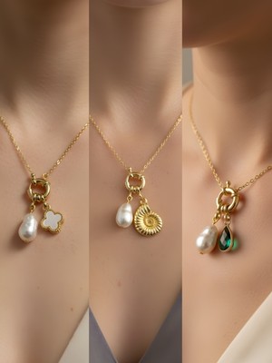 NKT Collection Zümrüt Yeşili Damla Deniz Kabuğu Beyaz Yonca Incili Kolye