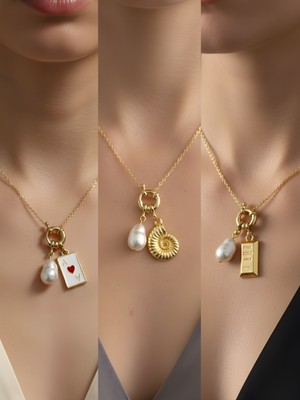 NKT Collection Deniz Kabuğu Külçe Altın Beyaz Yonca Incili Kolye