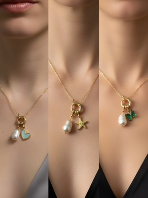 NKT Collection Zümrüt Yeşili Kelebek Deniz Yıldızı Turkuaz Kalp Incili Kolye