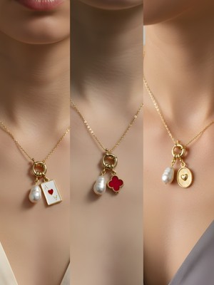 NKT Collection Kabartma Kalp Kırmızı Yonca Kupa As Incili Kolye