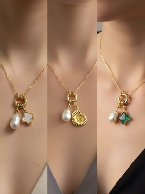 NKT Collection Zümrüt Yeşili Yıldız Deniz Kabuğu Beyaz Yonca Incili Kolye