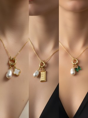 NKT Collection Zümrüt Yeşili Kelebek Kırmızı Yonca Siyah Yonca Incili Kolye