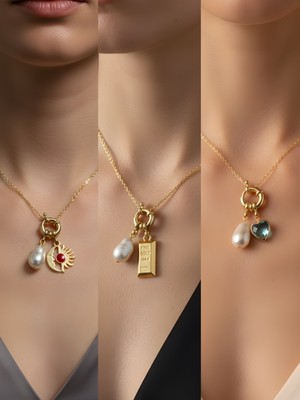 NKT Collection Turkuaz Kalp Külçe Altın Ay Güneş Incili Kolye