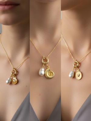 NKT Collection Kabartma Kalp Deniz Kabuğu Midye Incili Kolye