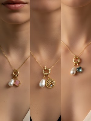 NKT Collection Turkuaz Kalp Hayat Ağacı Turkuaz Yonca Incili Kolye