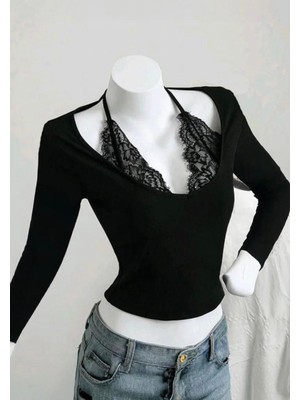 İsra Ayyıldız Moonstar Collection Dantel Yakalı Uzun Kolllu Siyah Gotik Bluz