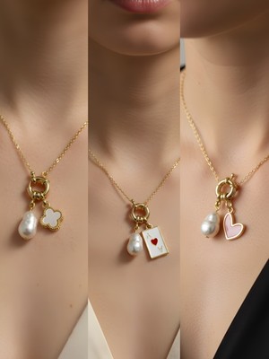 NKT Collection Deniz Kabuğu Siyah Kalp Beyaz Kalp Incili Kolye