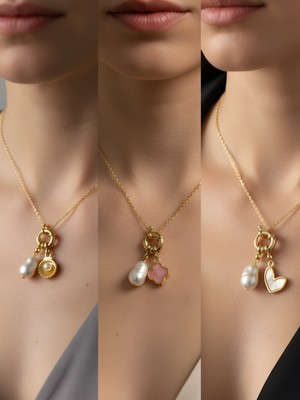 NKT Collection Beyaz Kalp Pembe Yonca Midye Incili Kolye