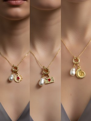 NKT Collection Deniz Kabuğu Kalpli Zarf Turkuaz Kalp Incili Kolye