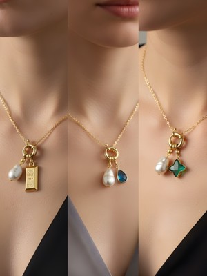 NKT Collection Turkuaz Damla Zümrüt Yeşili Yıldız Külçe Altın Incili Kolye