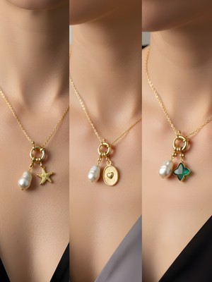 NKT Collection Zümrüt Yeşili Yıldız Kabartma Kalp Deniz Yıldızı Incili Kolye