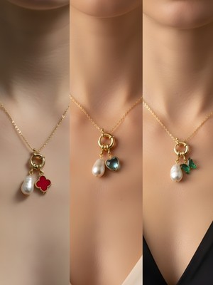 NKT Collection Turkuaz Kalp Zümrüt Yeşili Kelebek Külçe Altın Incili Kolye