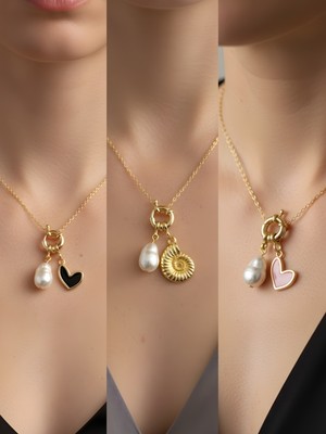 NKT Collection Pembe Kalp Deniz Kabuğu Beyaz Kalp Incili Kolye