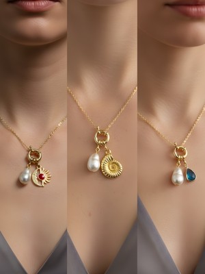 NKT Collection Turkuaz Damla Deniz Kabuğu Ay Güneş Incili Kolye