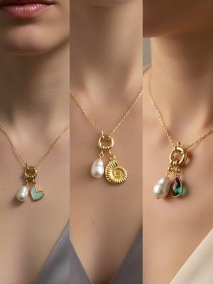 NKT Collection Zümrüt Yeşili Damla Deniz Kabuğu Turkuaz Kalp Incili Kolye