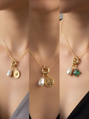 NKT Collection Zümrüt Yeşili Yıldız Hayat Ağacı Kabartma Kalp Incili Kolye