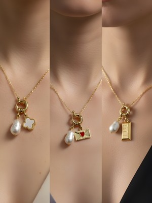 NKT Collection Külçe Altın Ay Güneş Turkuaz Kalp Incili Kolye