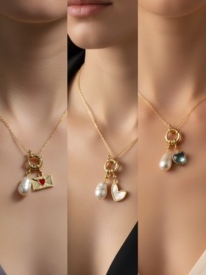 NKT Collection Turkuaz Kalp Beyaz Kalp Kalpli Zarf Incili Kolye