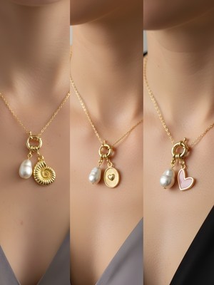 NKT Collection Kabartma Kalp Pembe Kalp Deniz Kabuğu Incili Kolye