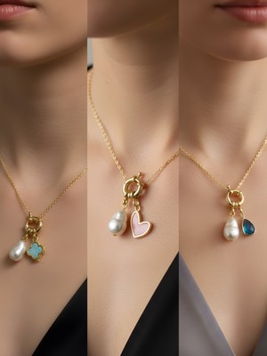 NKT Collection Turkuaz Damla Pembe Kalp Turkuaz Yonca Incili Kolye