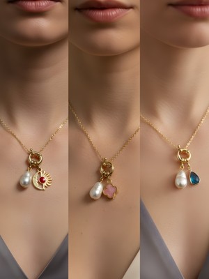 NKT Collection Turkuaz Damla Pembe Yonca Ay Güneş Incili Kolye