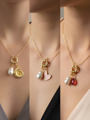 NKT Collection Kırmızı Damla Pembe Kalp Deniz Kabuğu Incili Kolye