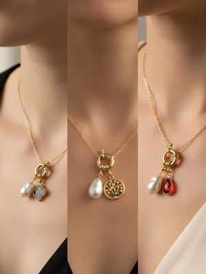 NKT Collection Kırmızı Damla Hayat Ağacı Siyah Yonca Incili Kolye