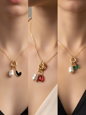 NKT Collection Kırmızı Damla Zümrüt Yeşili Kelebek Siyah Kalp Incili Kolye