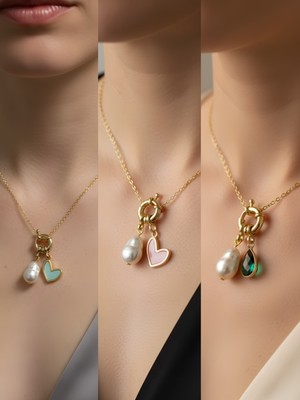 NKT Collection Zümrüt Yeşili Damla Pembe Kalp Turkuaz Kalp Incili Kolye