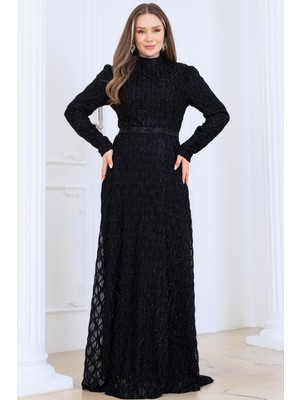 Modapodyum Lina Kuyruklu Dantel Tesettür Elbise Siyah