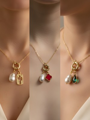 NKT Collection Zümrüt Yeşili Damla Kaktüs Kırmızı Yonca Incili Kolye