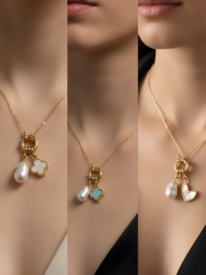 NKT Collection Beyaz Kalp Turkuaz Yonca Beyaz Yonca Incili Kolye