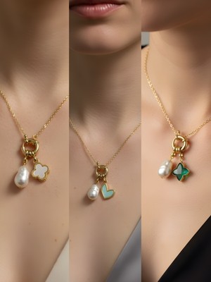 NKT Collection Zümrüt Yeşili Yıldız Turkuaz Kalp Beyaz Yonca Incili Kolye