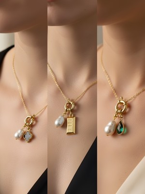 NKT Collection Zümrüt Yeşili Damla Külçe Altın Siyah Yonca Incili Kolye